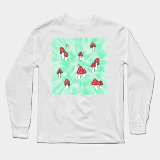 Aesthetic Red Hatted Mushrooms and Butterflies on a Green Tie Dye Background Long Sleeve T-Shirt